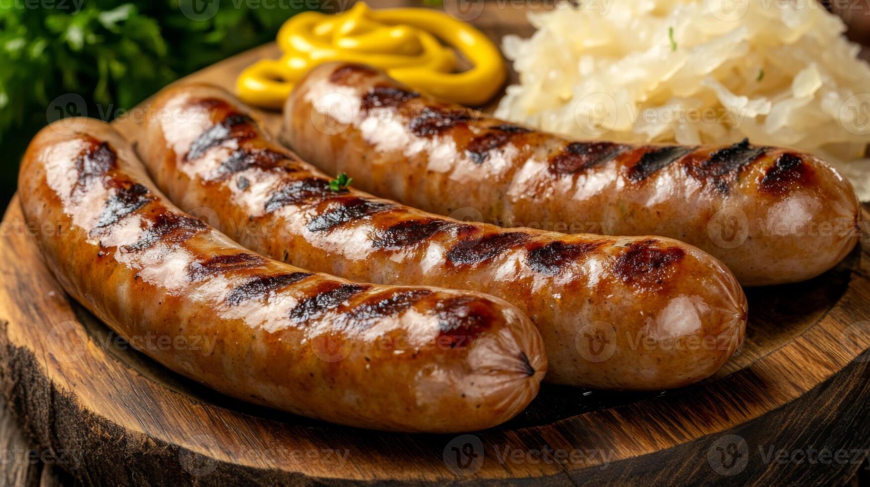 Grilled sausages on a wooden board with sauerkraut and mustard photo