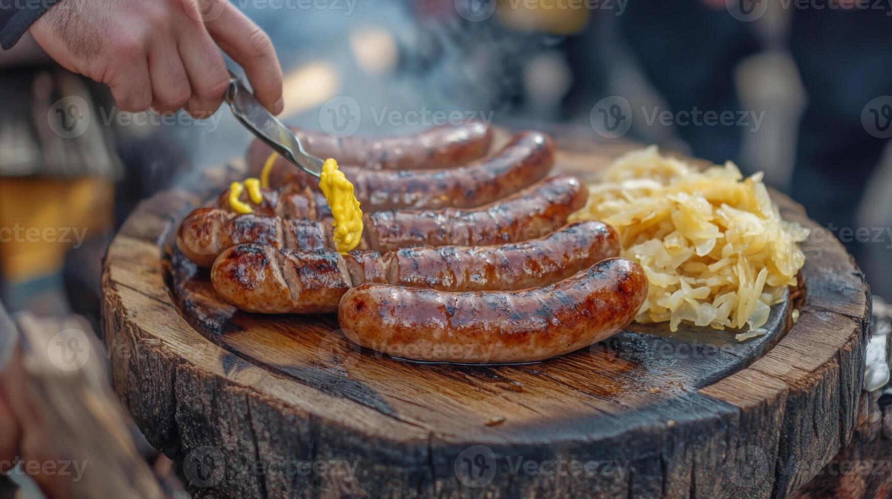 A person is cooking sausages on a wooden table photo