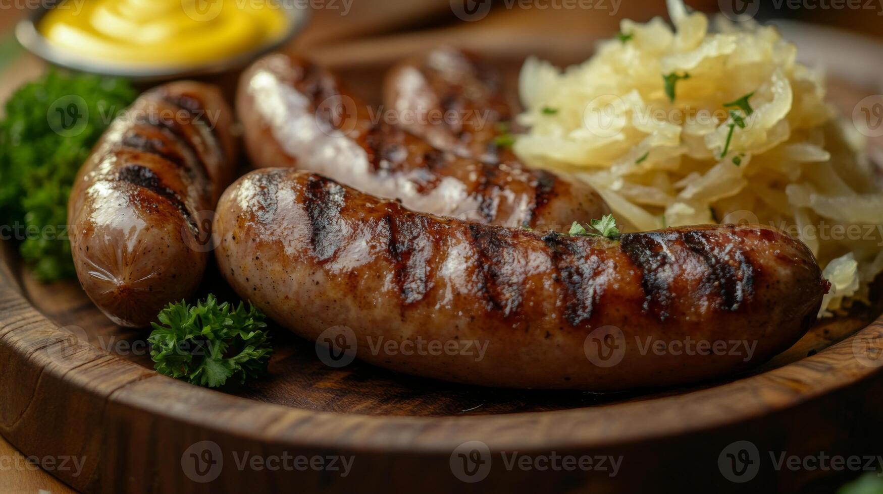 Grilled sausages on a wooden plate with mustard photo