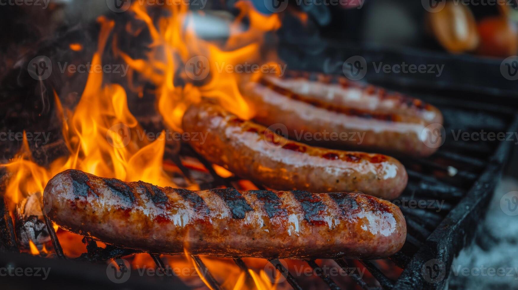 Three sausages are cooking on a grill photo