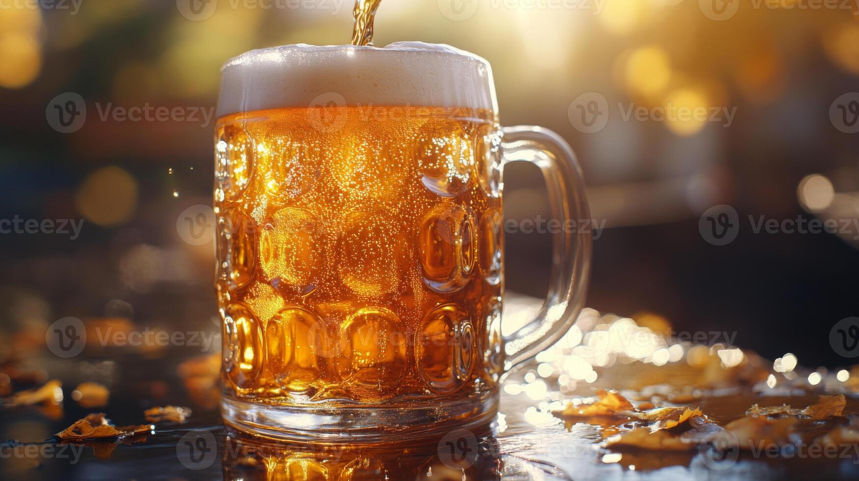 Beer pouring into a glass on a table photo