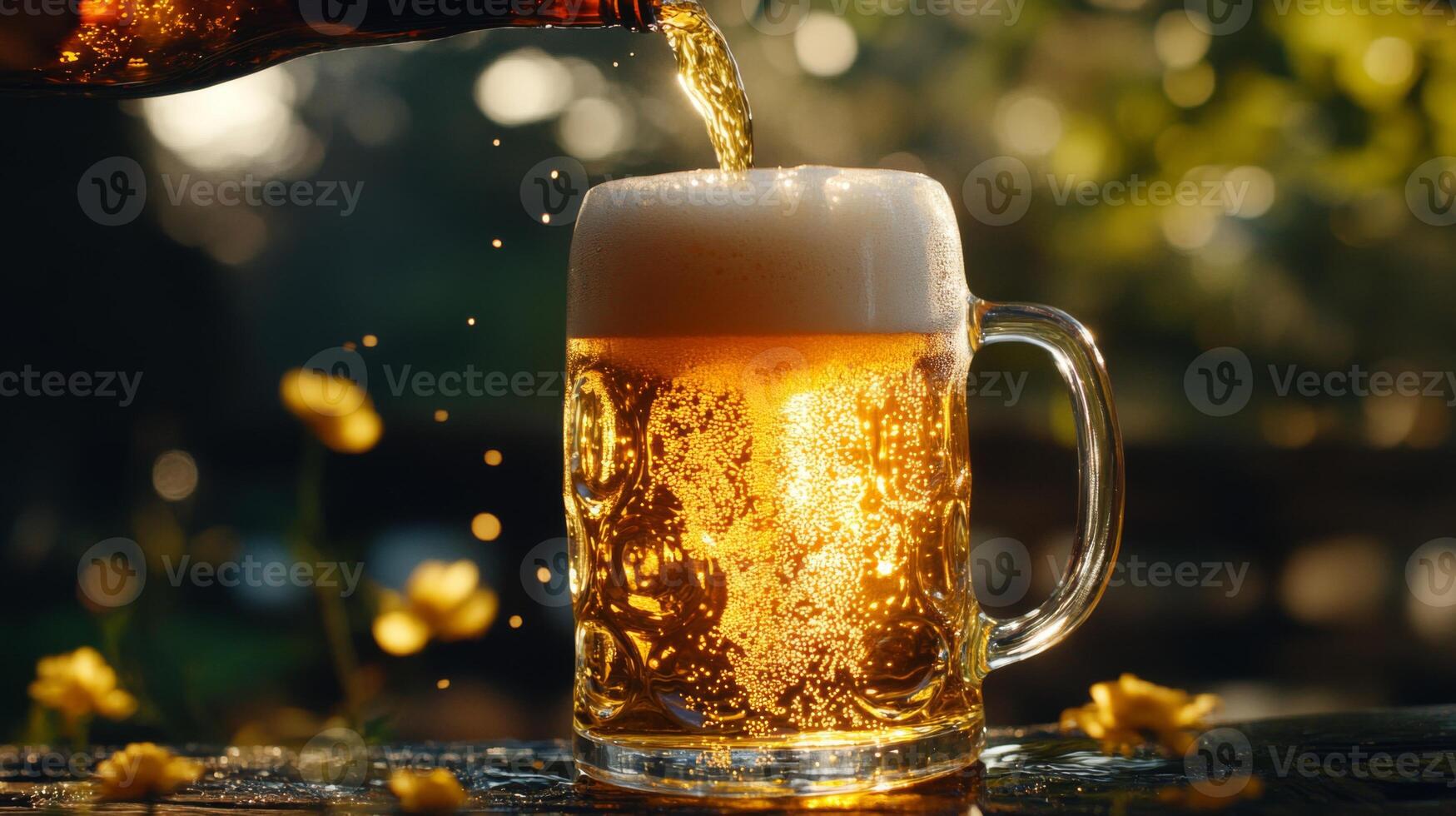 Beer pouring into a glass on a wooden table photo