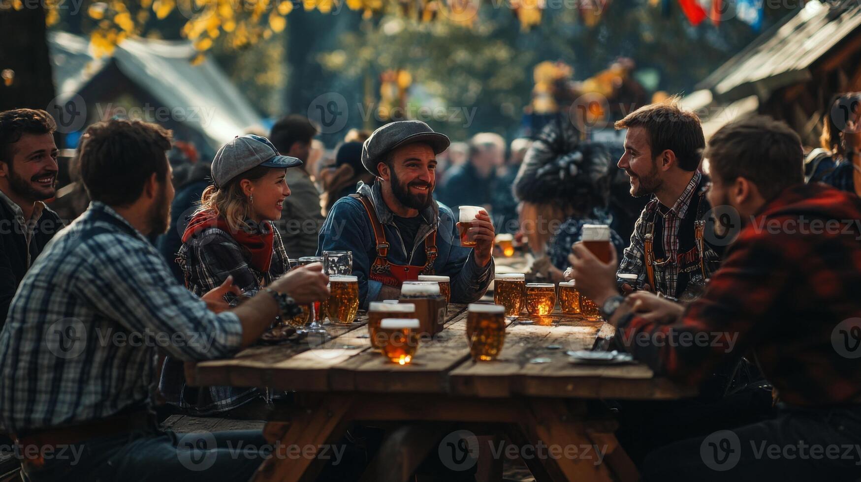 A group of people sitting at a table with beer photo