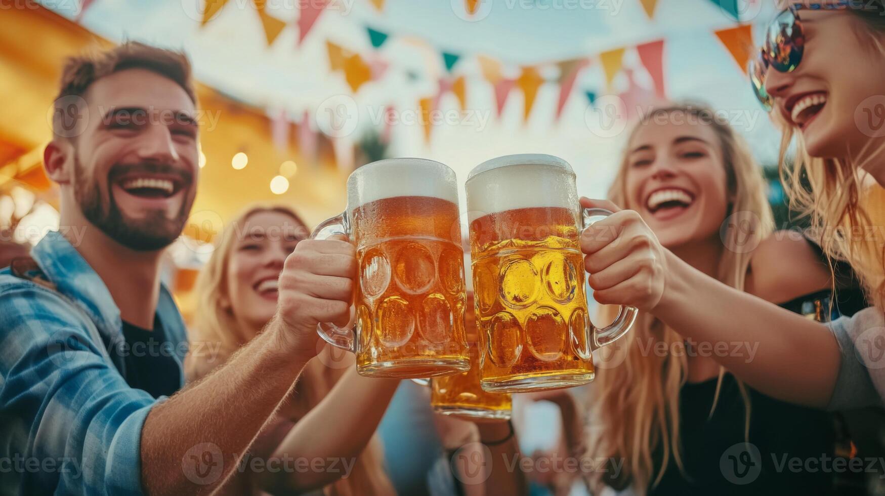 Group of friends toasting beer at outdoor party photo