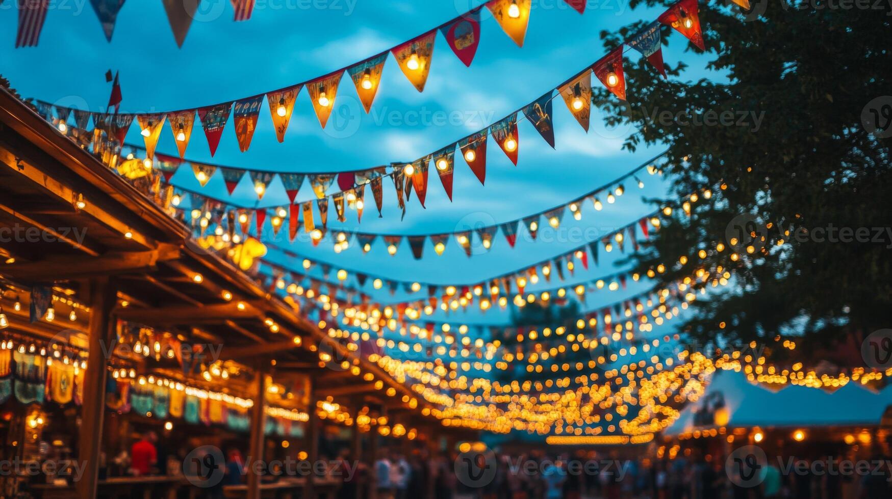 A street with lots of lights and bunting photo
