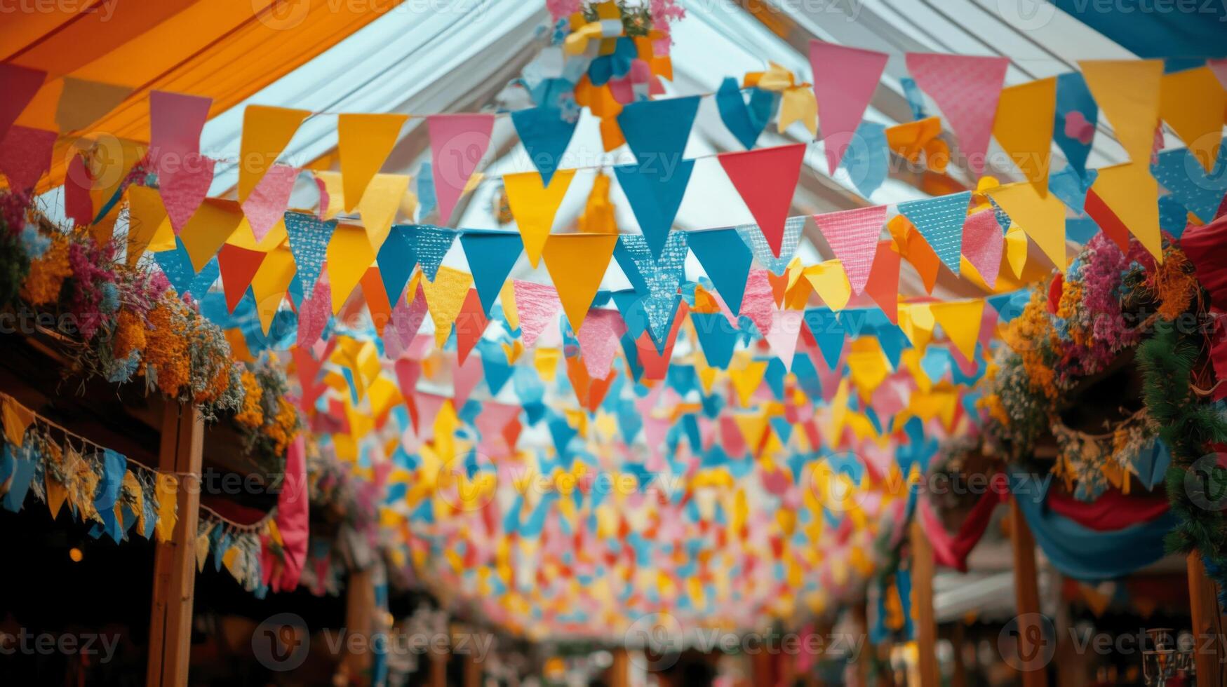A colorful tent with bunting and streamers photo