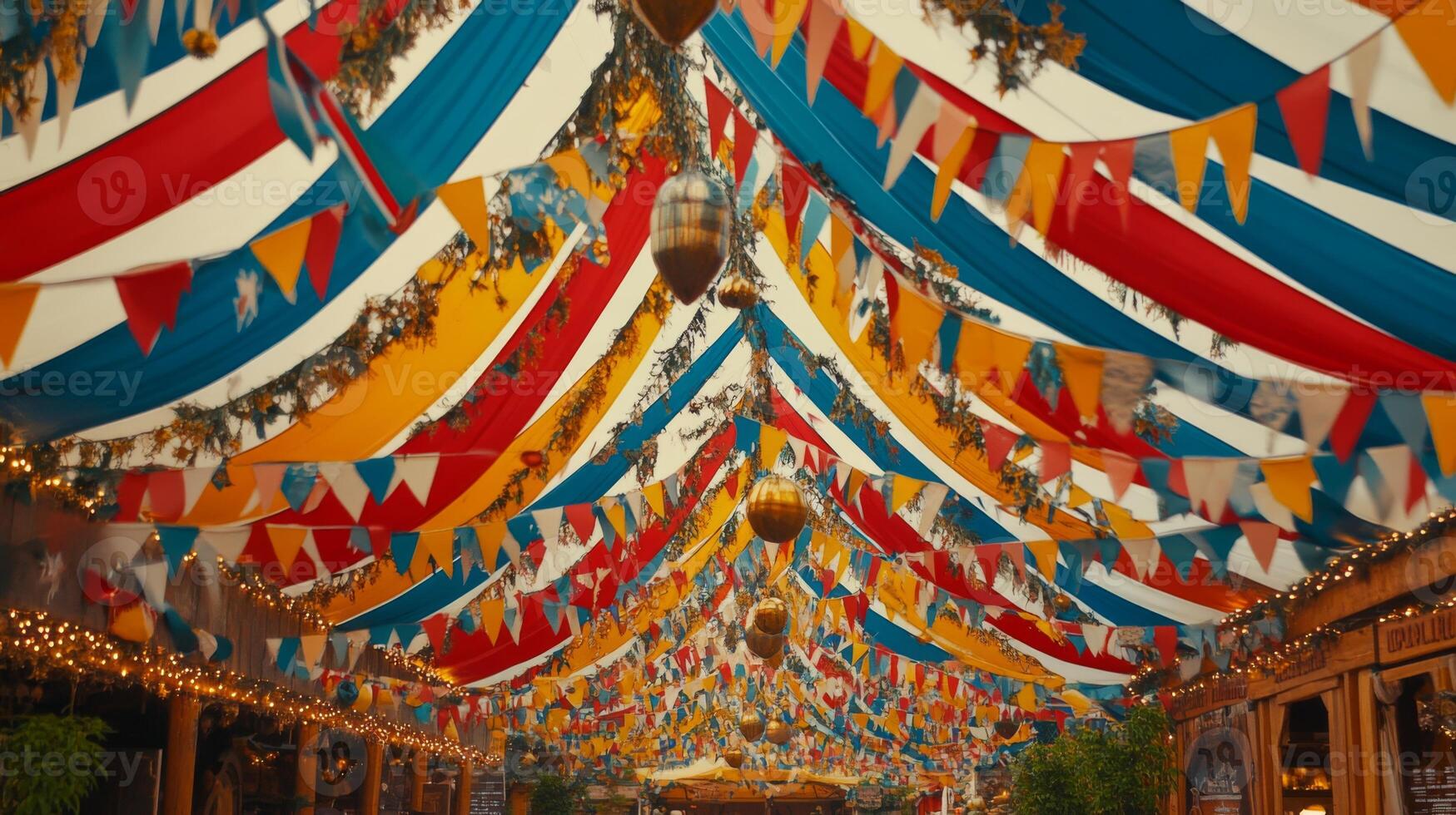 A colorful tent with bunting and flags hanging from the ceiling photo