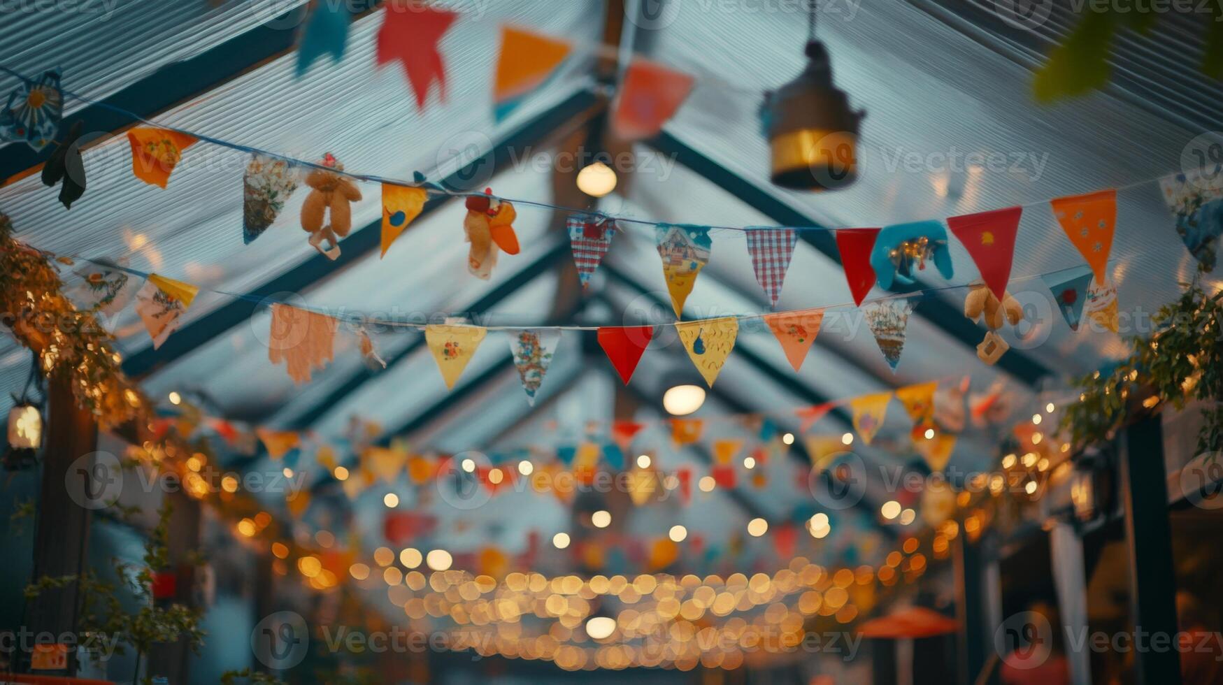 A room with bunting and lights hanging from the ceiling photo