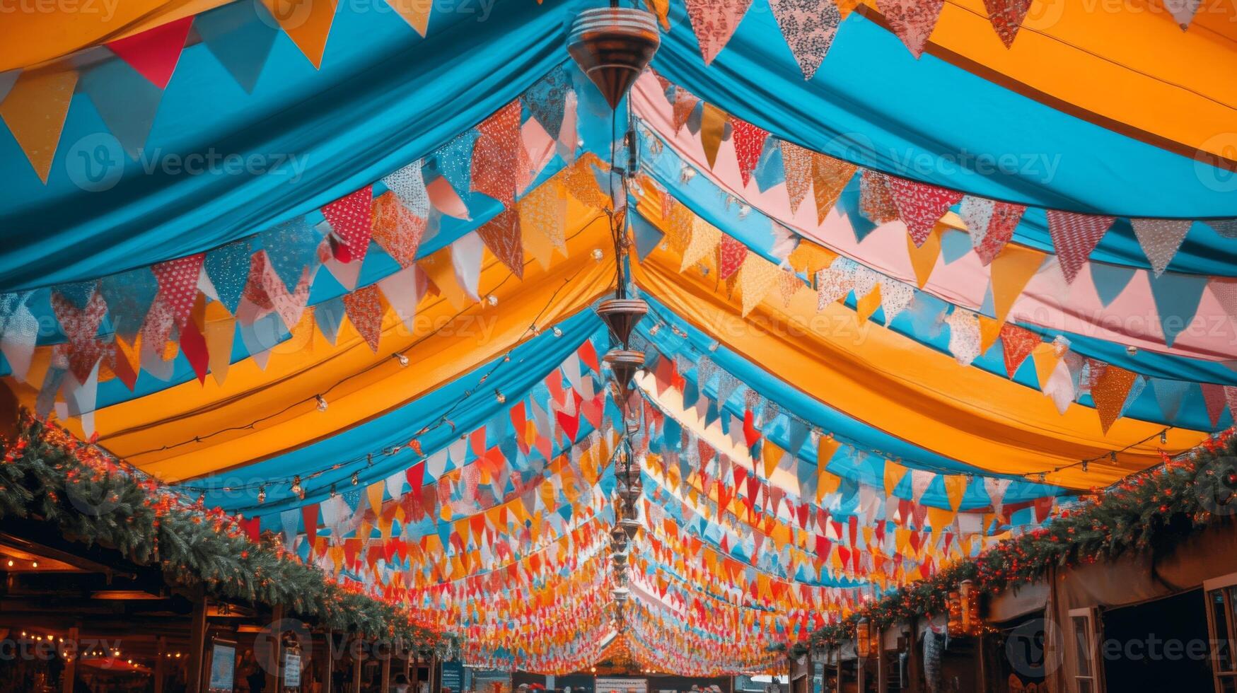 A colorful tent with bunting hanging from the ceiling photo