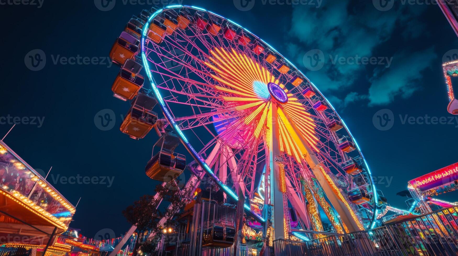 A ferris wheel at night with bright lights photo