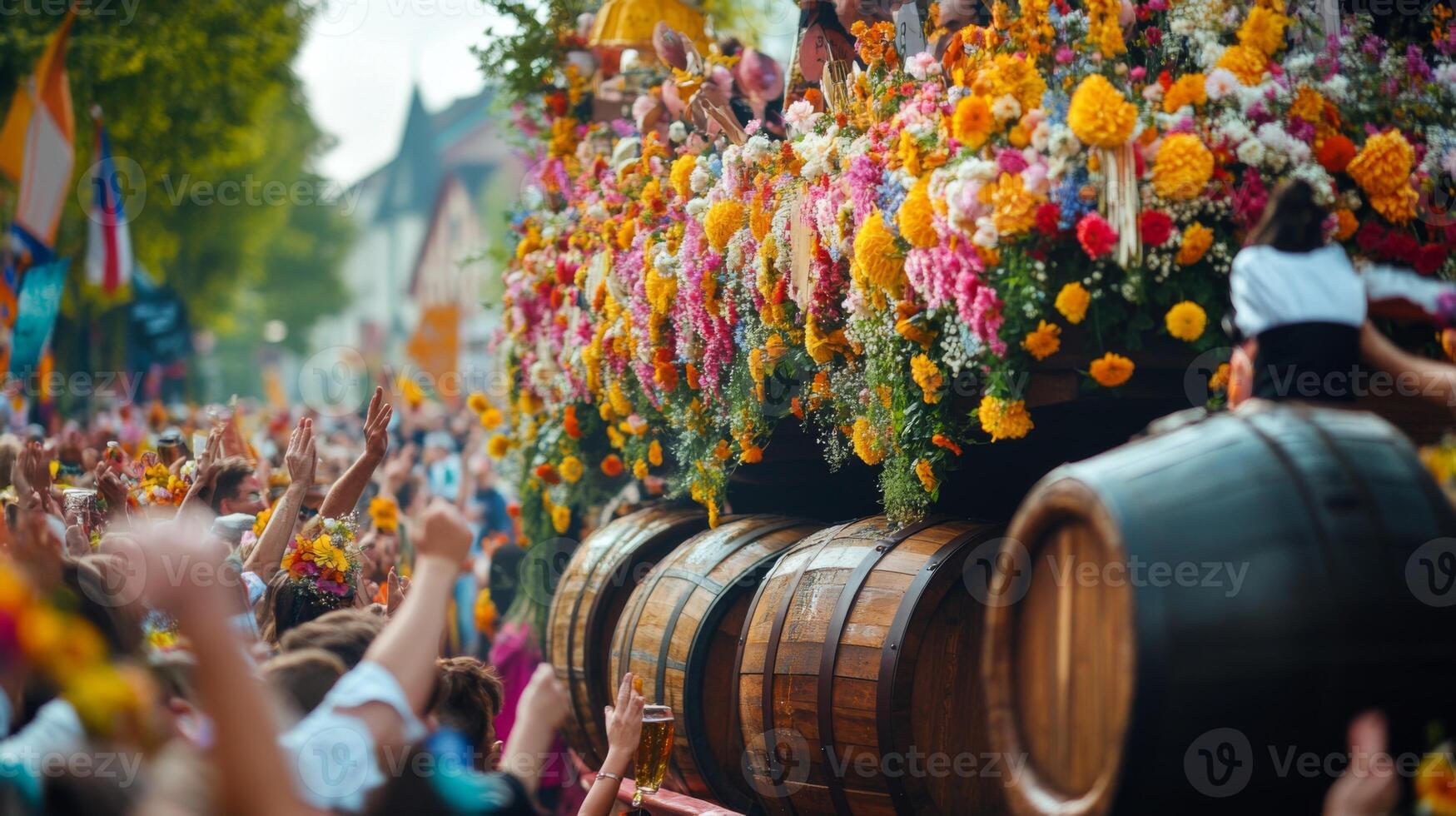 A float with barrels filled with flowers and people photo