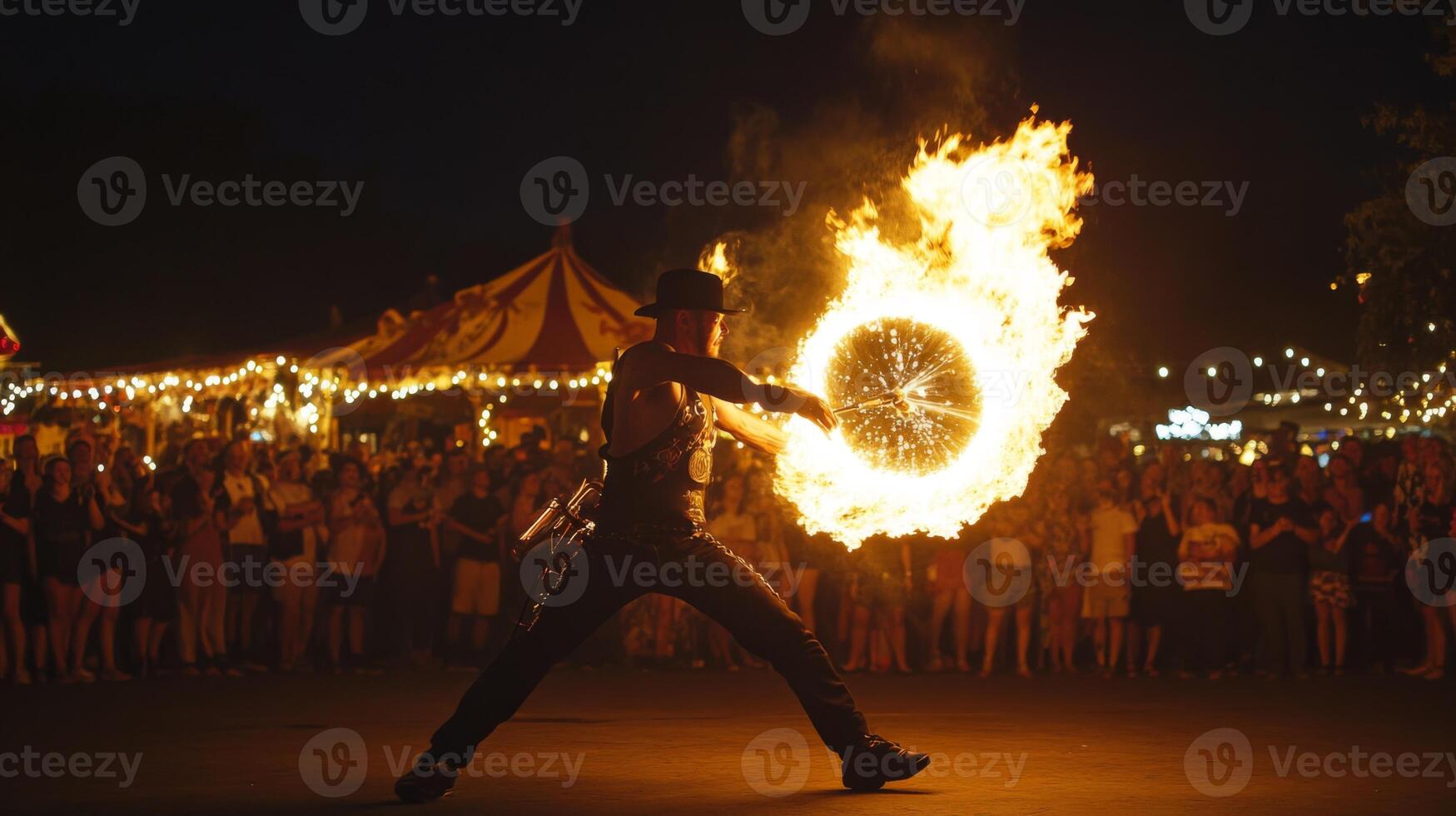 A man with a fire wheel in front of a crowd photo