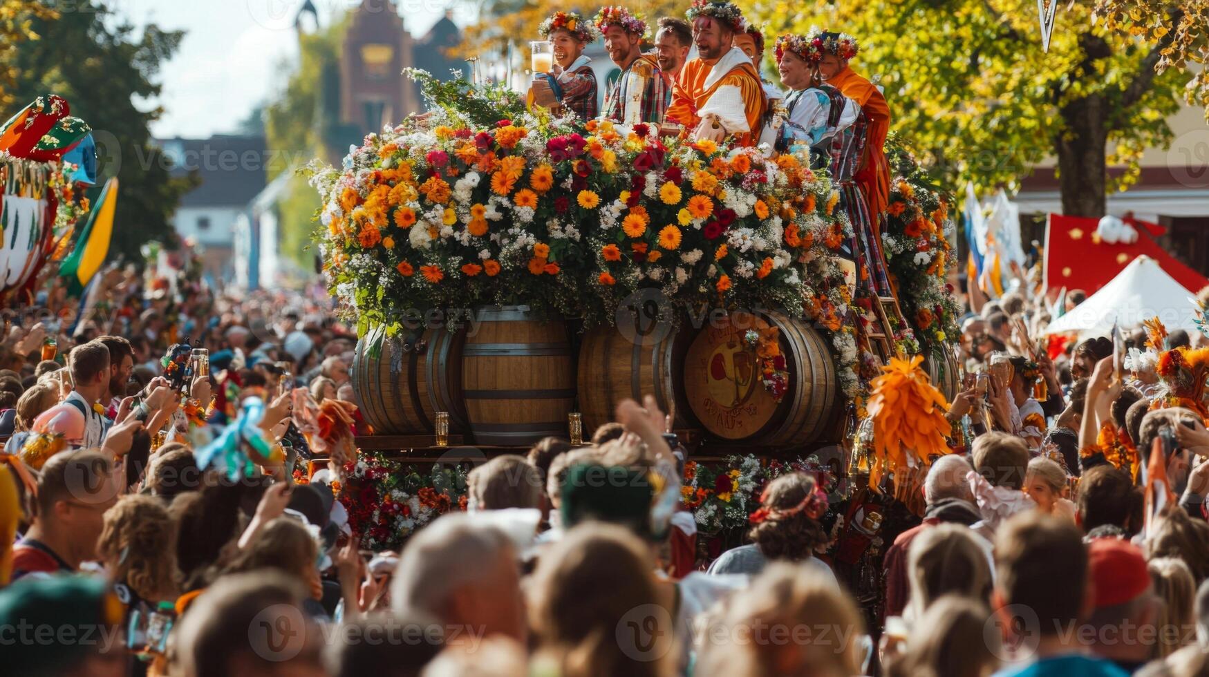 A large crowd of people are gathered around a float with flowers photo