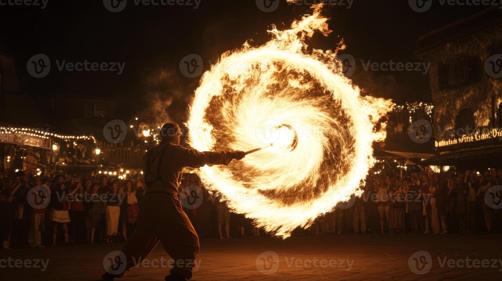 A man with a fire ring in front of a crowd photo