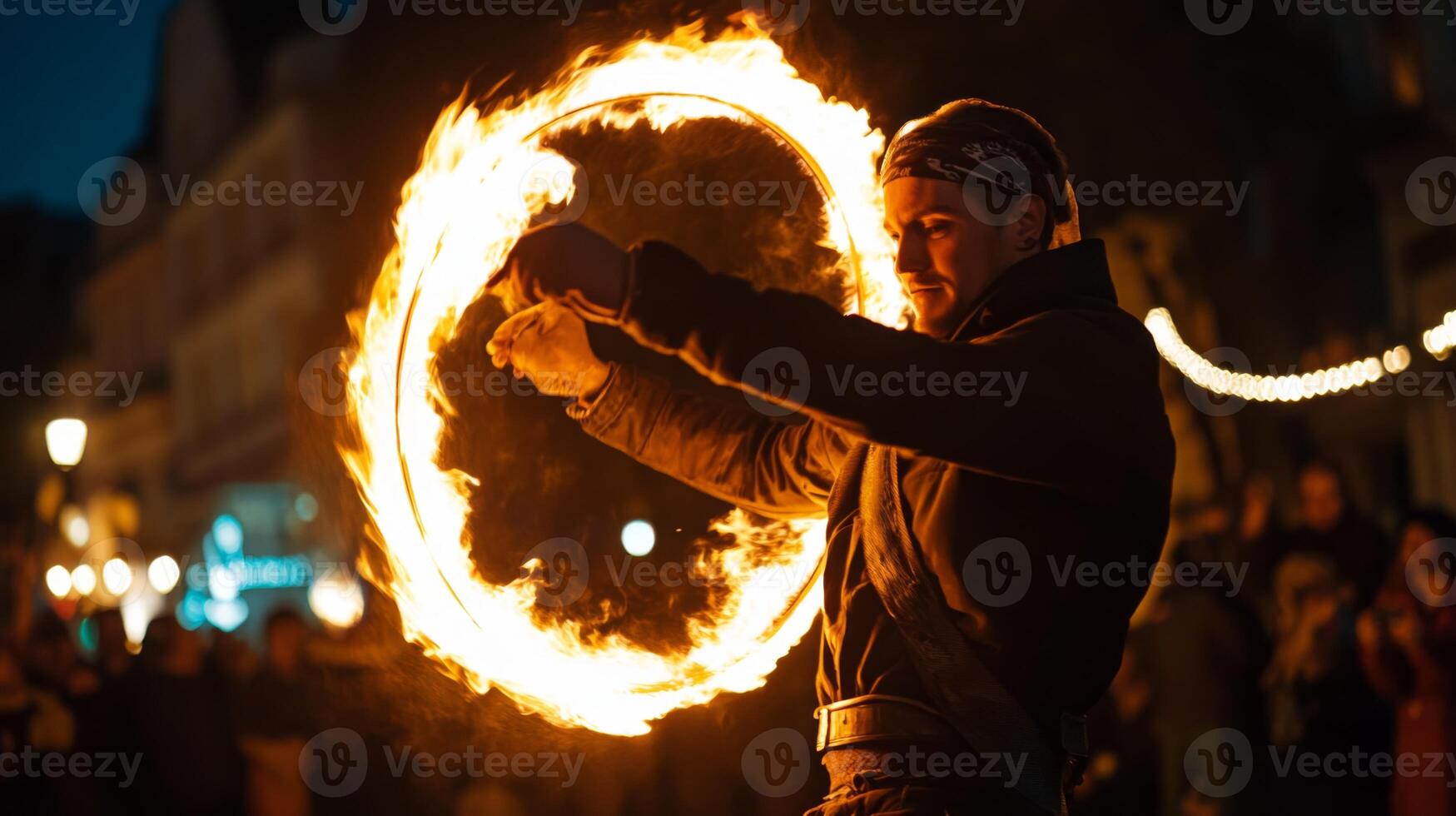 A man with a fire ring in the middle of a crowd photo