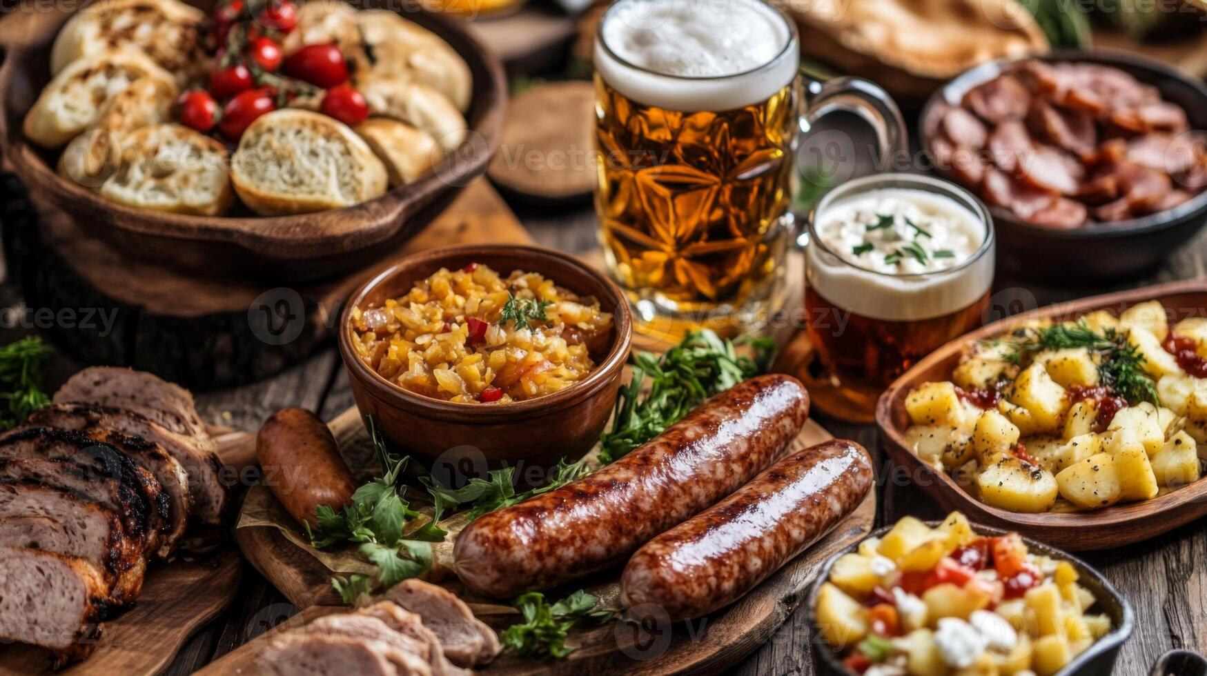 Various foods and drinks on a wooden table photo
