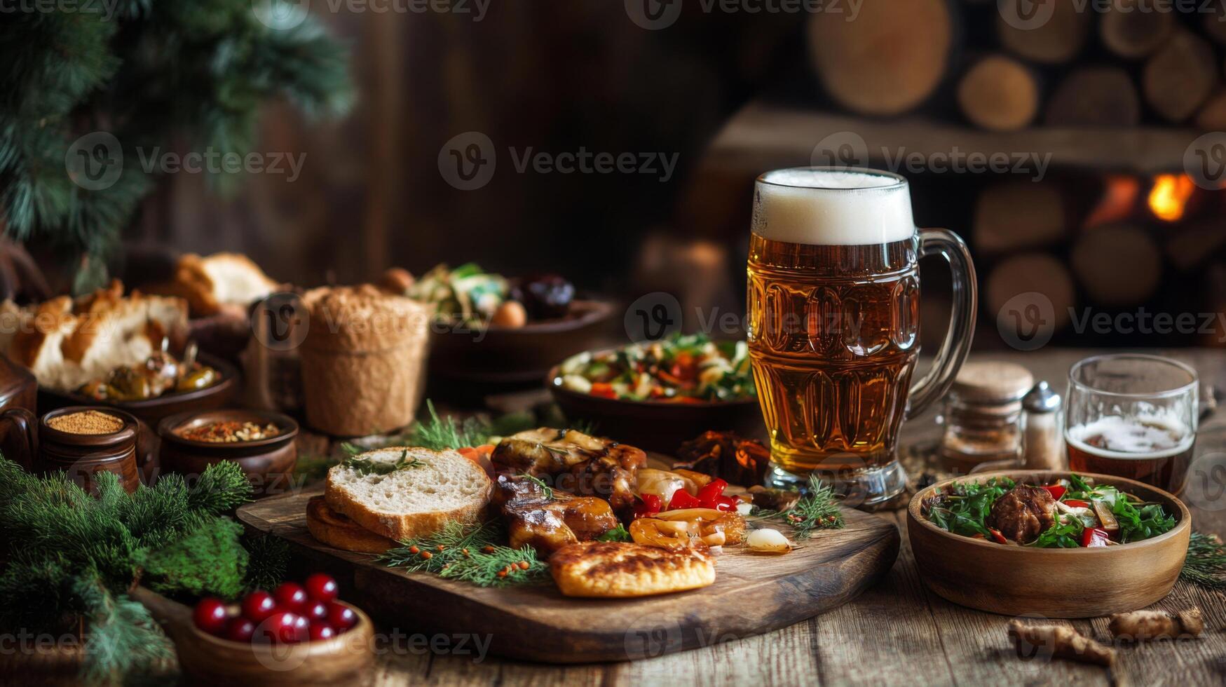 A table with food and beer on it photo
