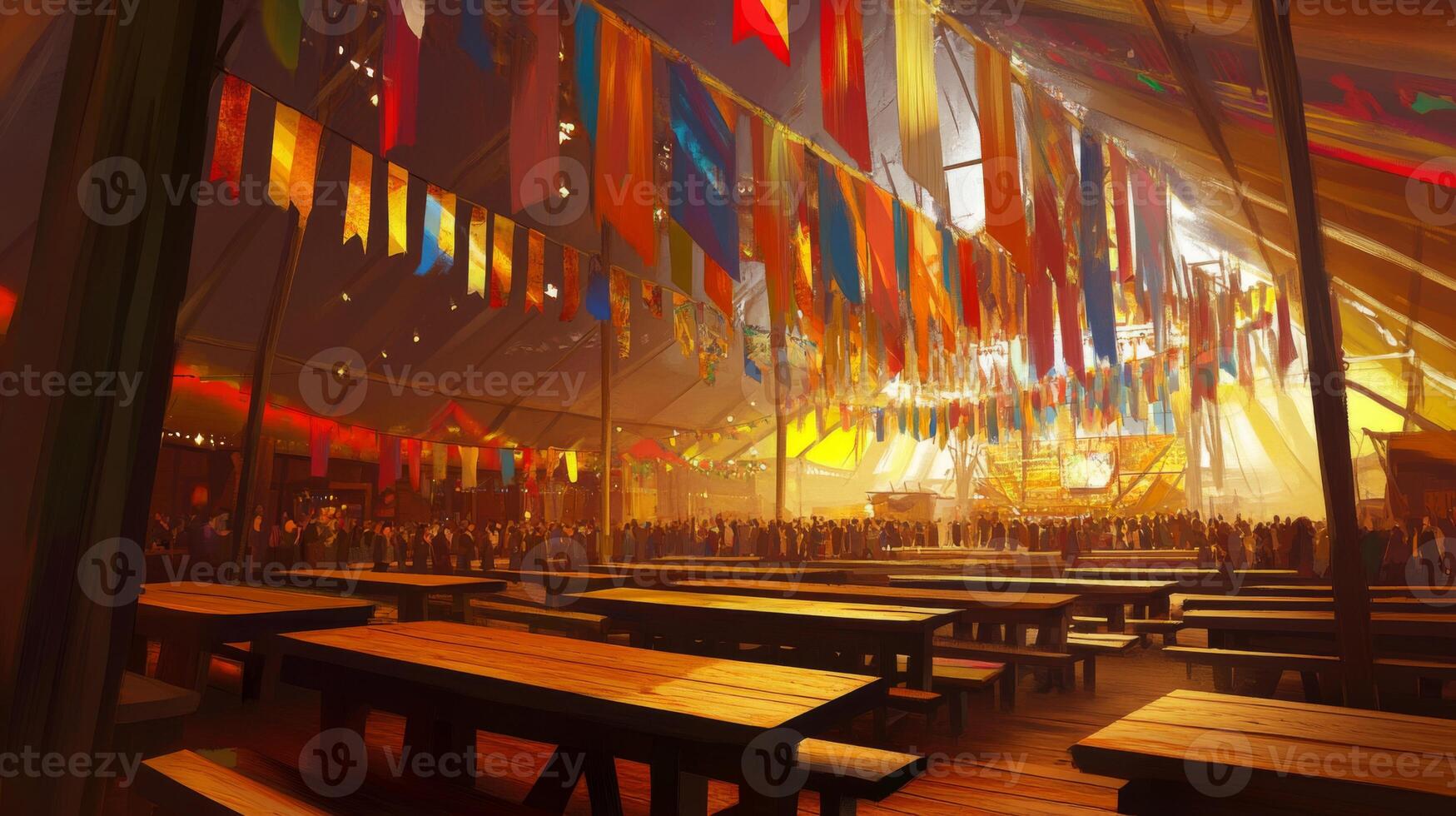 A tent with tables and benches inside photo