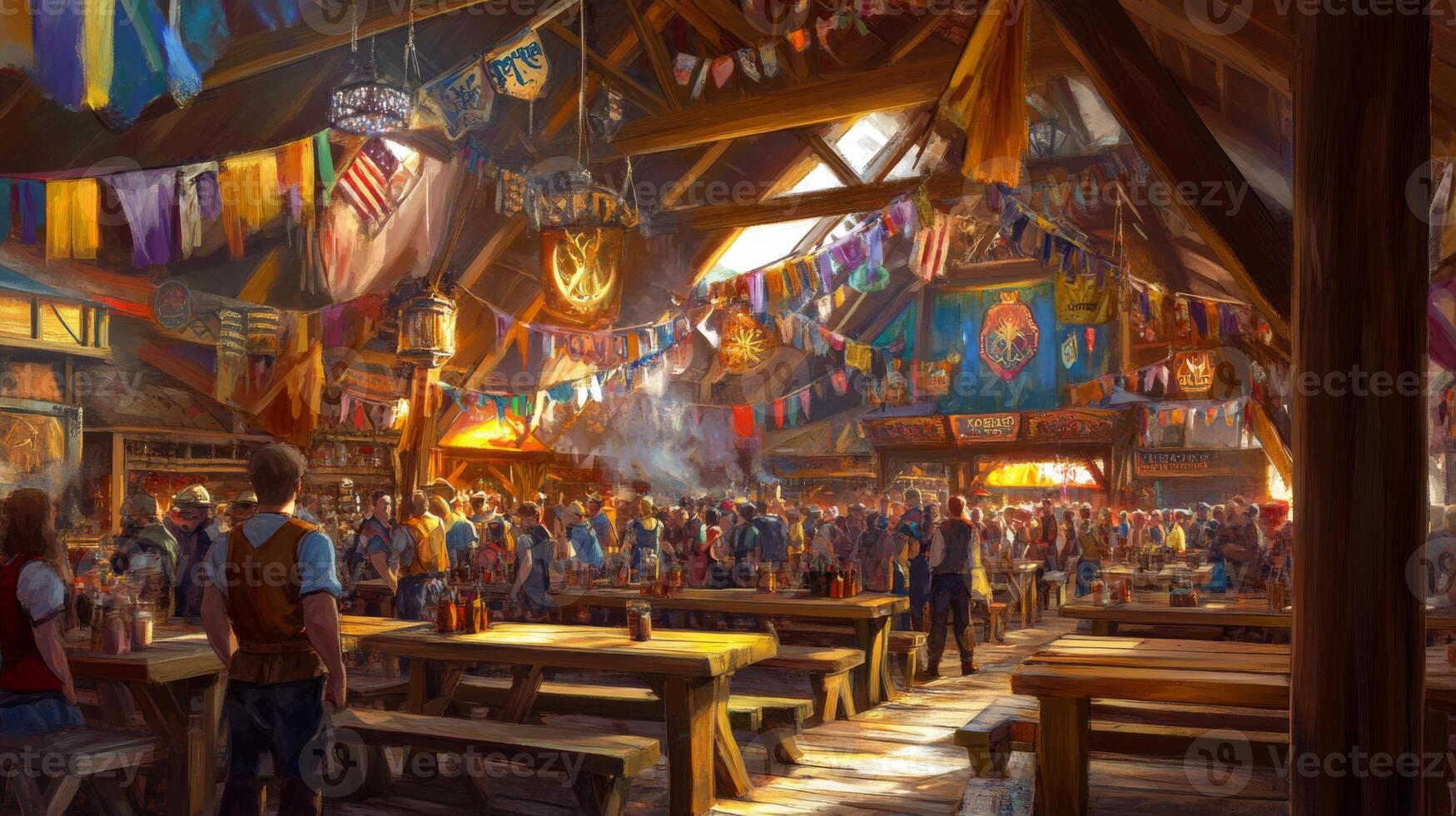 A Crowded Tavern with Wooden Tables and Benches photo