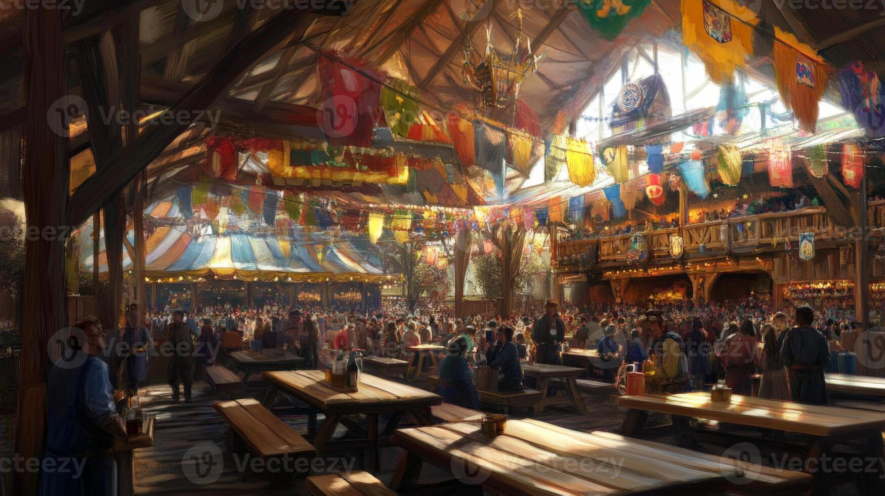 A Medieval Market Hall Filled with People and Festive Flags photo