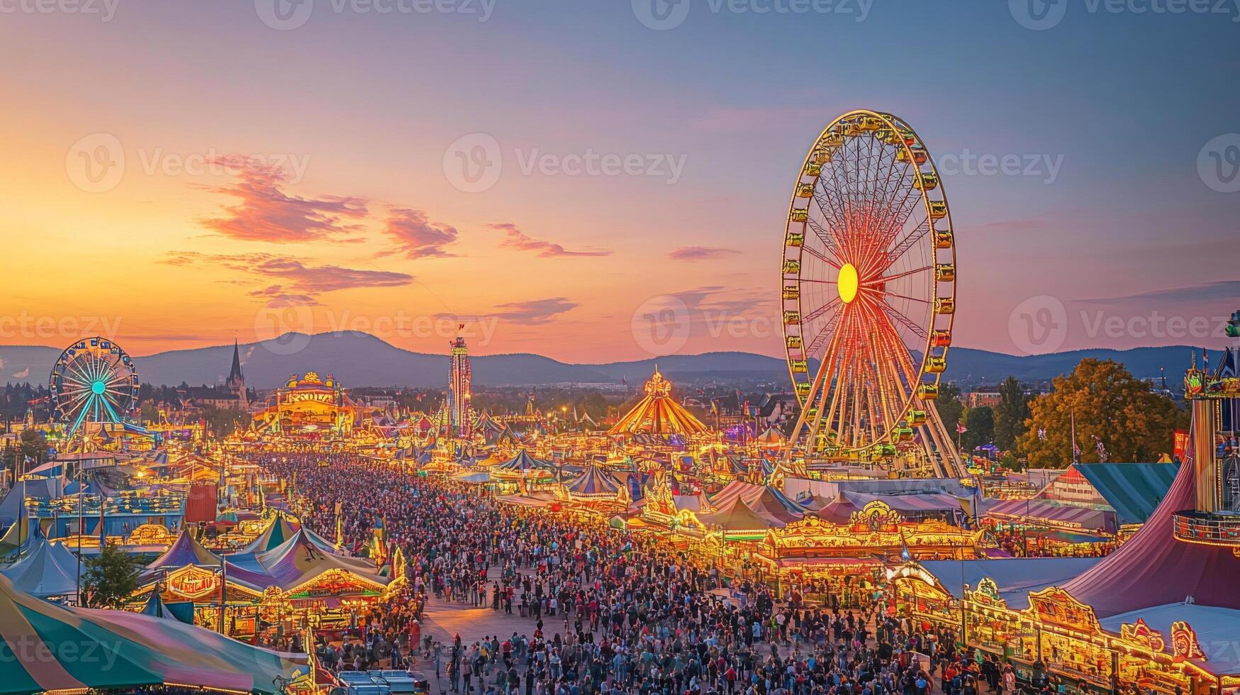 Illuminated Ferris Wheel and Crowds at an Amusement Park During Sunset photo