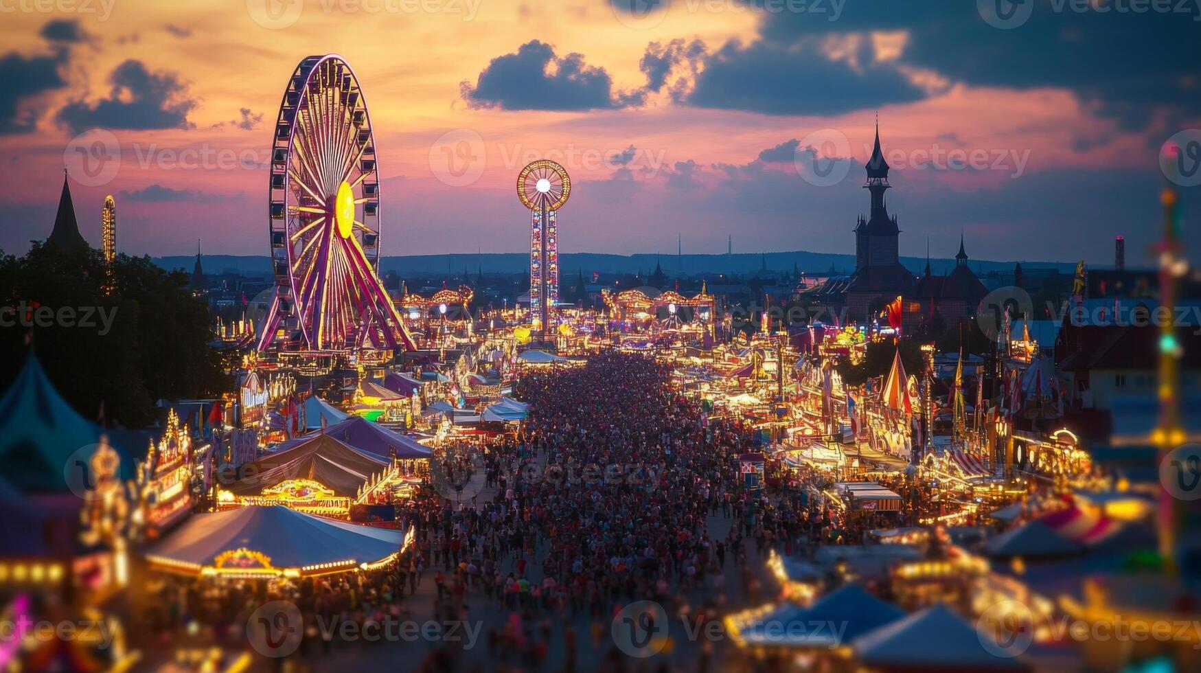 Illuminated Ferris Wheel and Amusement Park at Dusk with a Crowd of People photo