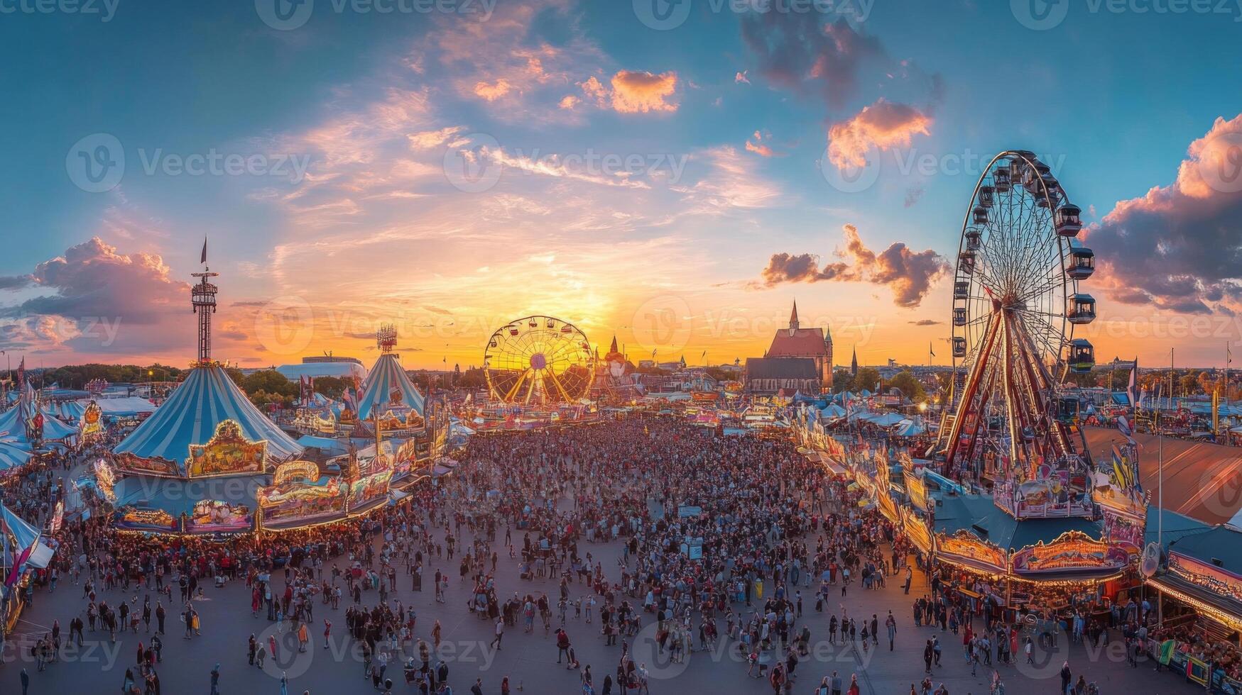 puesta de sol terminado un concurrido diversión parque con ferris ruedas foto