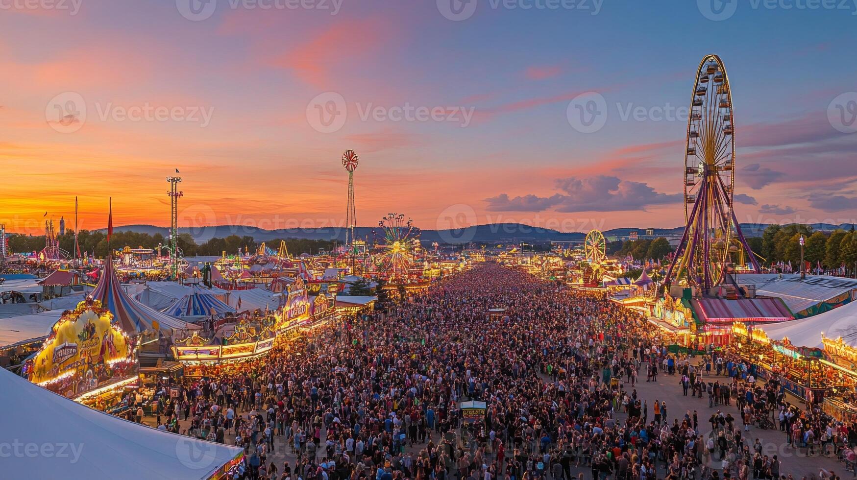 Sunset Over a Crowd at a Carnival with a Ferris Wheel photo