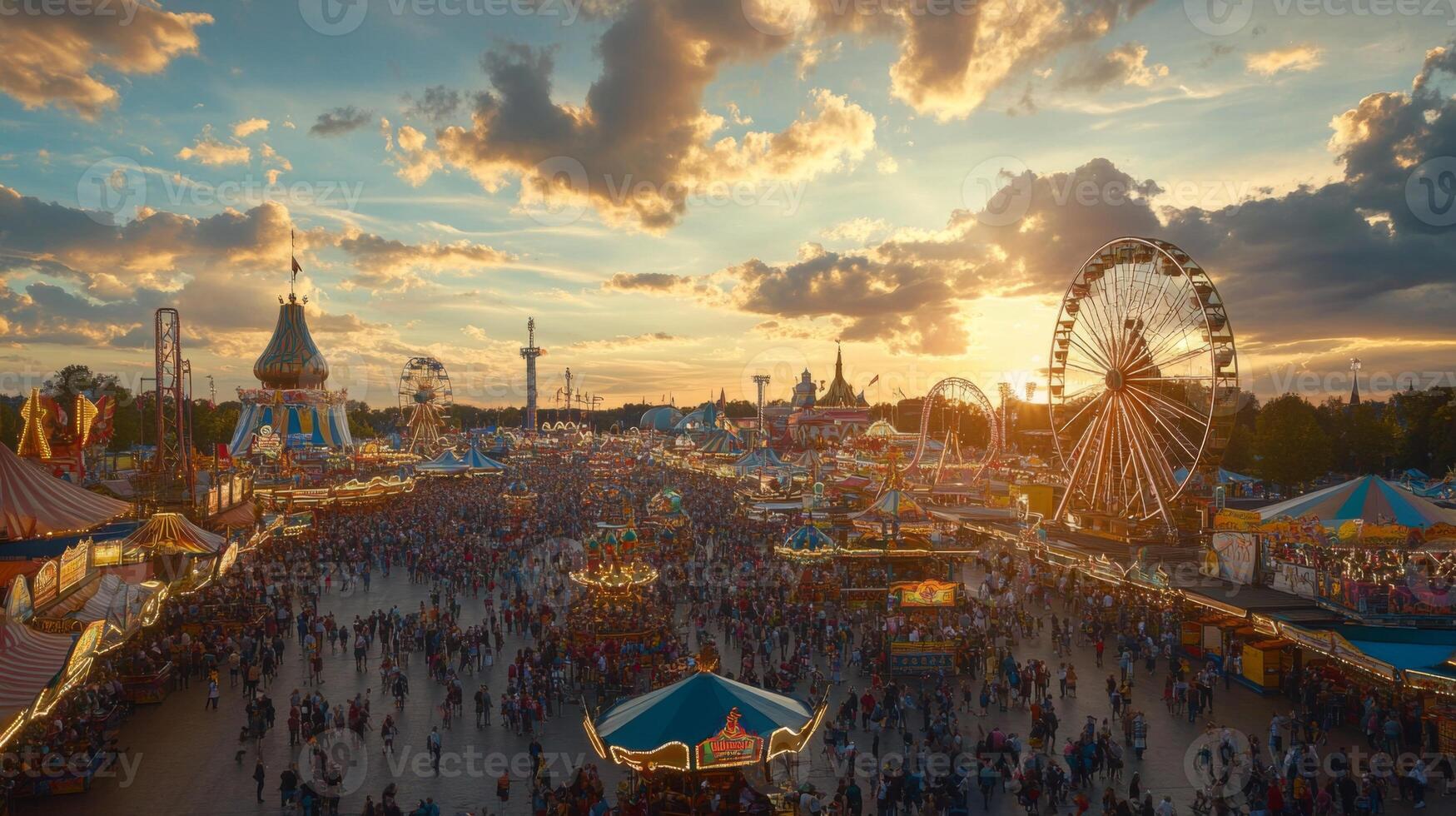 A bustling carnival at sunset with a large crowd, multiple rides, and colorful tents. photo