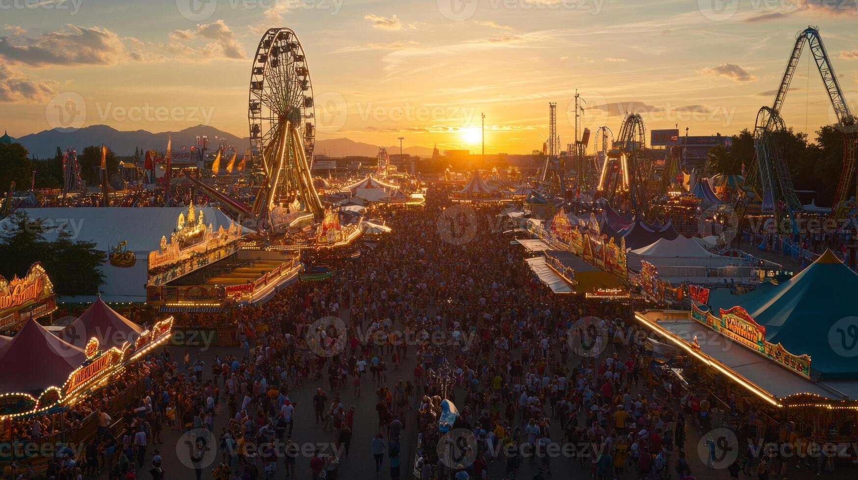 Aerial View of a Crowded Carnival at Sunset photo