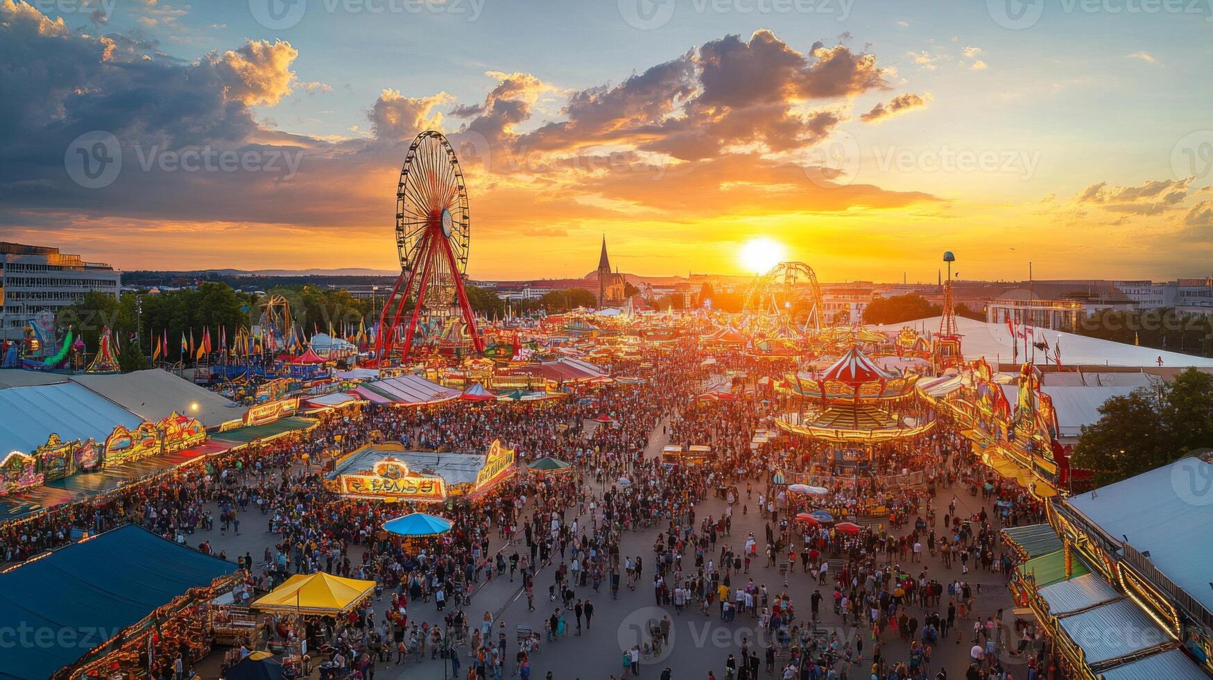 Aerial View of a Crowded Amusement Park at Sunset photo
