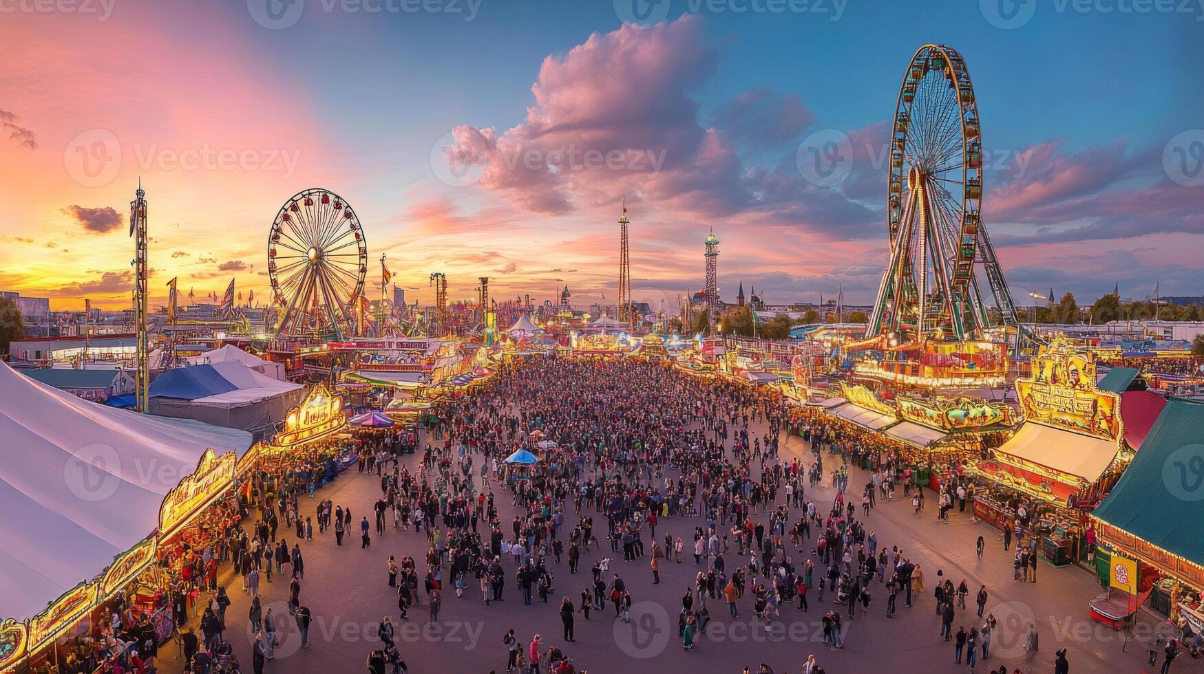 Aerial View of a Crowded Amusement Park at Sunset with Two Ferris Wheels photo