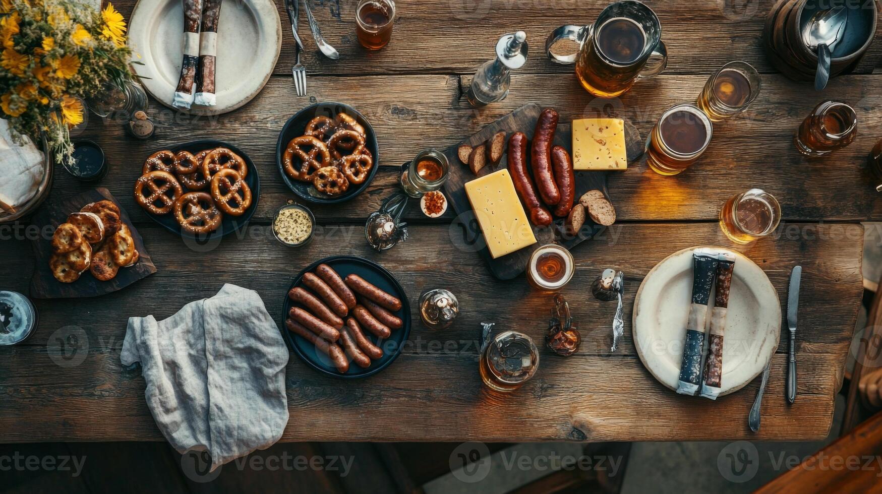 Rustic Table Setting with Beer, Pretzels, Sausages, and Cheese photo