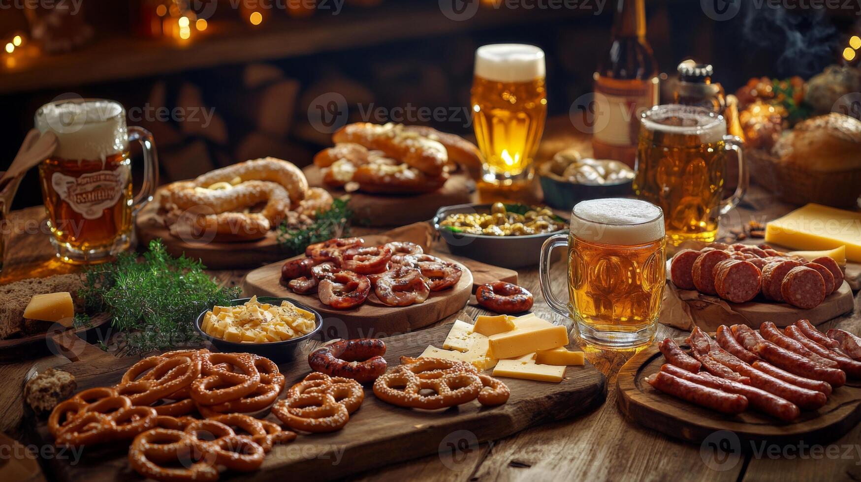 A Rustic Spread of Beer, Pretzels, Cheese, and Sausage photo