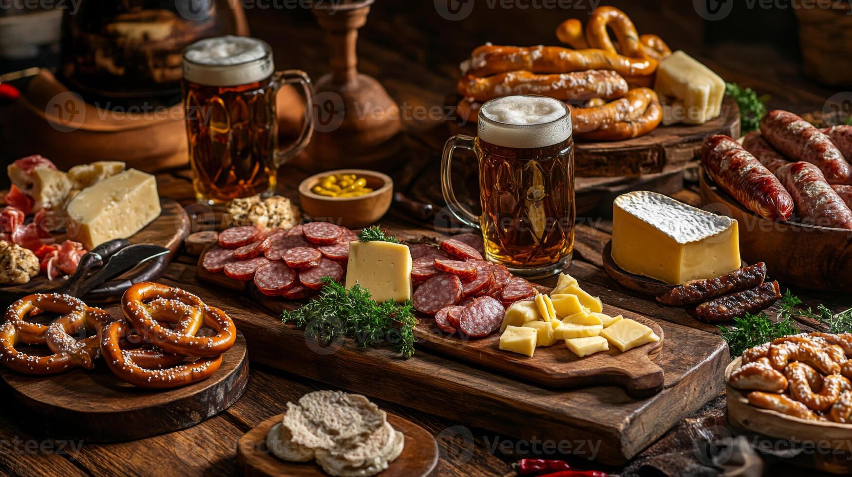 A Rustic Table Spread with Beer, Pretzels, Cheese, and Sausage photo