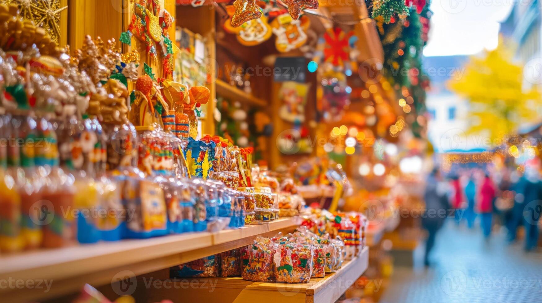 Colorful Christmas Treats on Wooden Shelves at a Market Stall photo