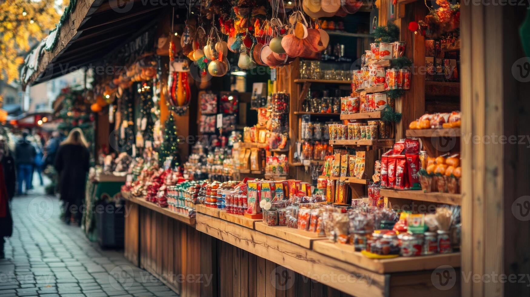 Wooden Stall Displaying Various Products at a Christmas Market photo