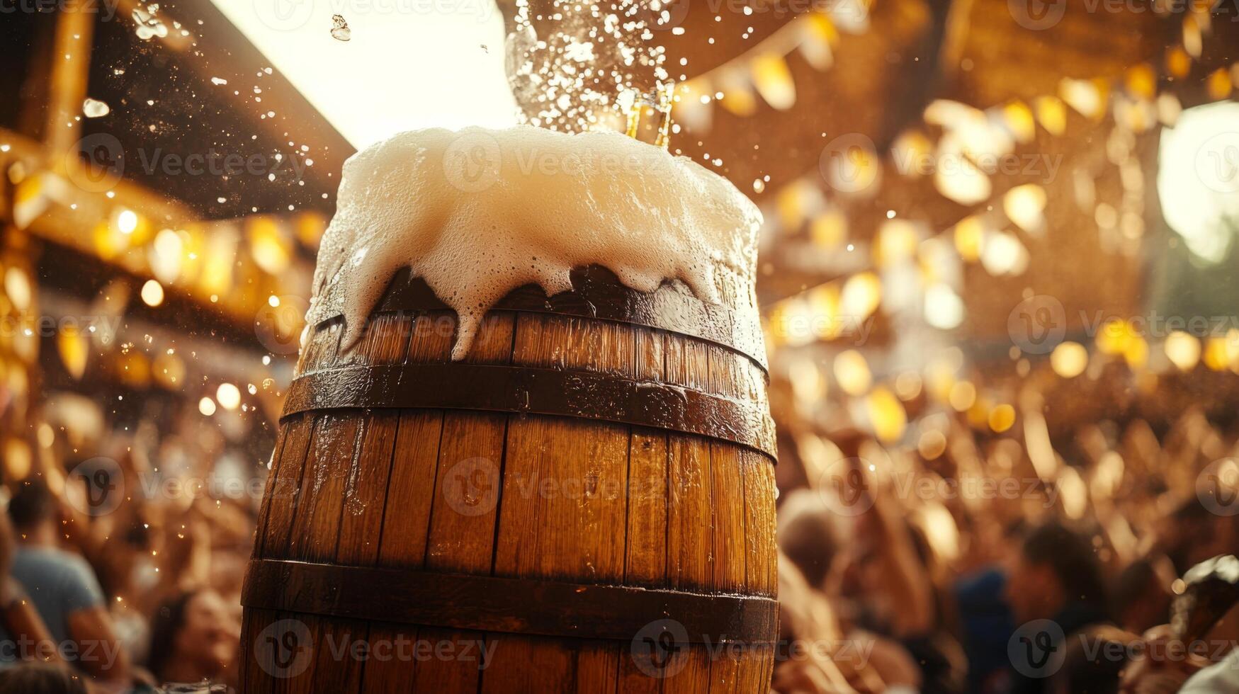 Wooden Barrel Overflowing With Beer Foam at a Party photo