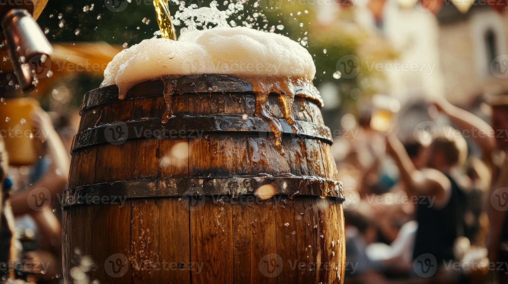 Golden Liquid Pouring Into A Wooden Barrel With Foam photo