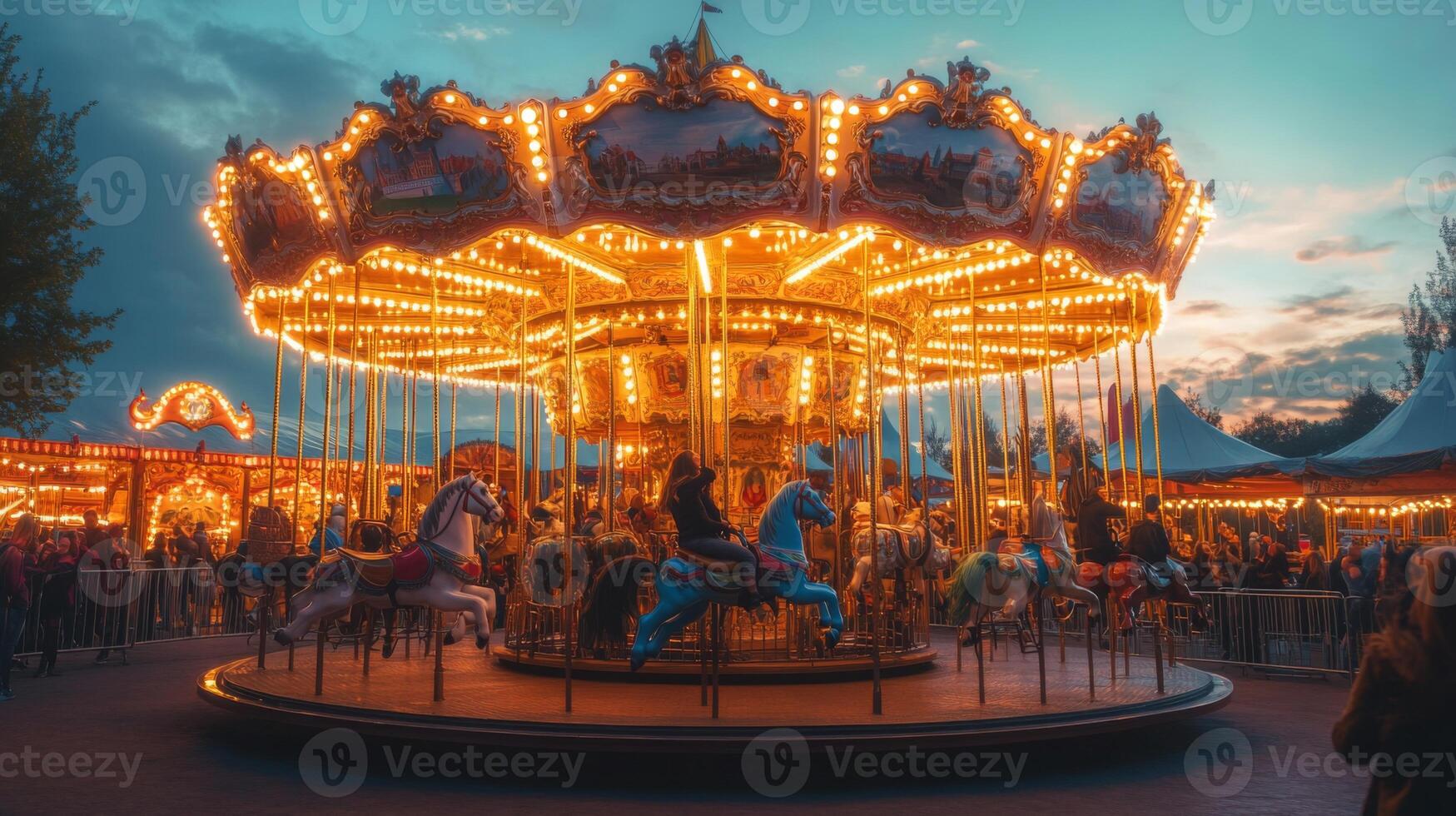 Illuminated Carousel at Twilight with People Watching photo