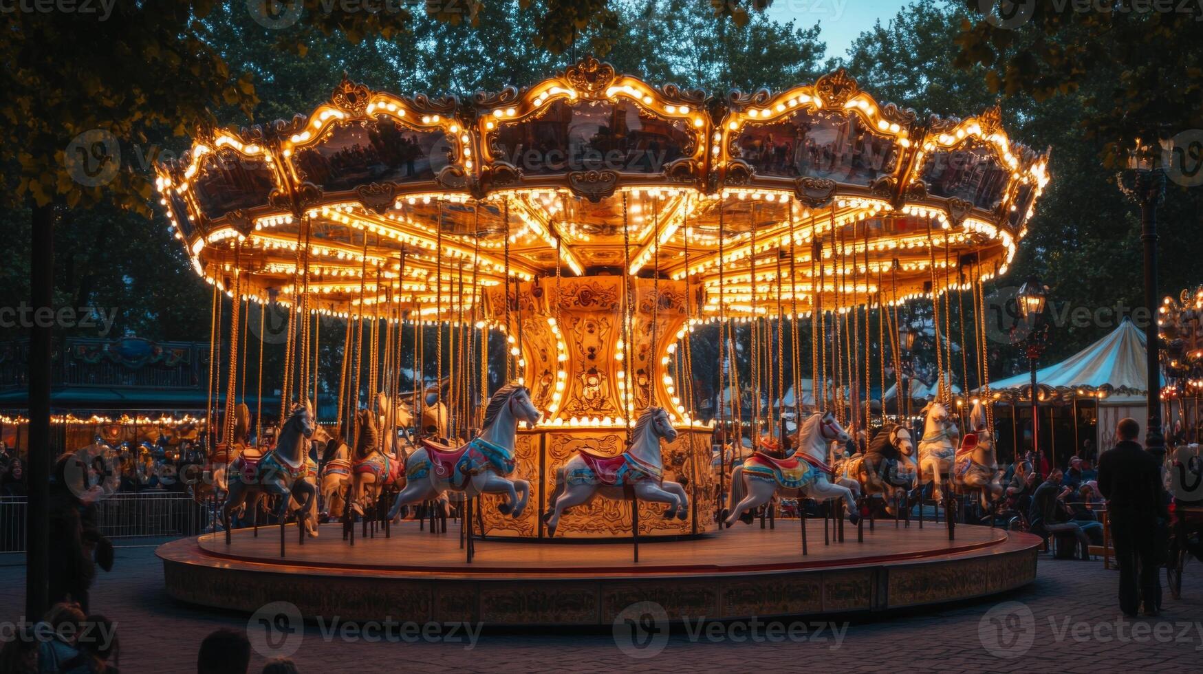 Illuminated Carousel with Horses at a Nighttime Amusement Park photo