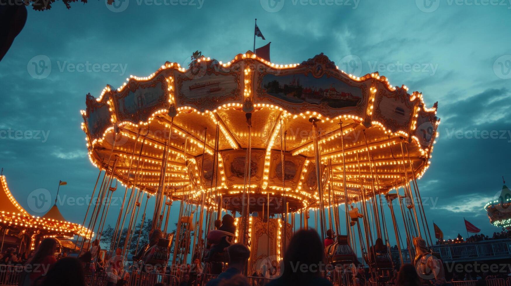 Illuminated Carousel at Twilight with People Riding photo