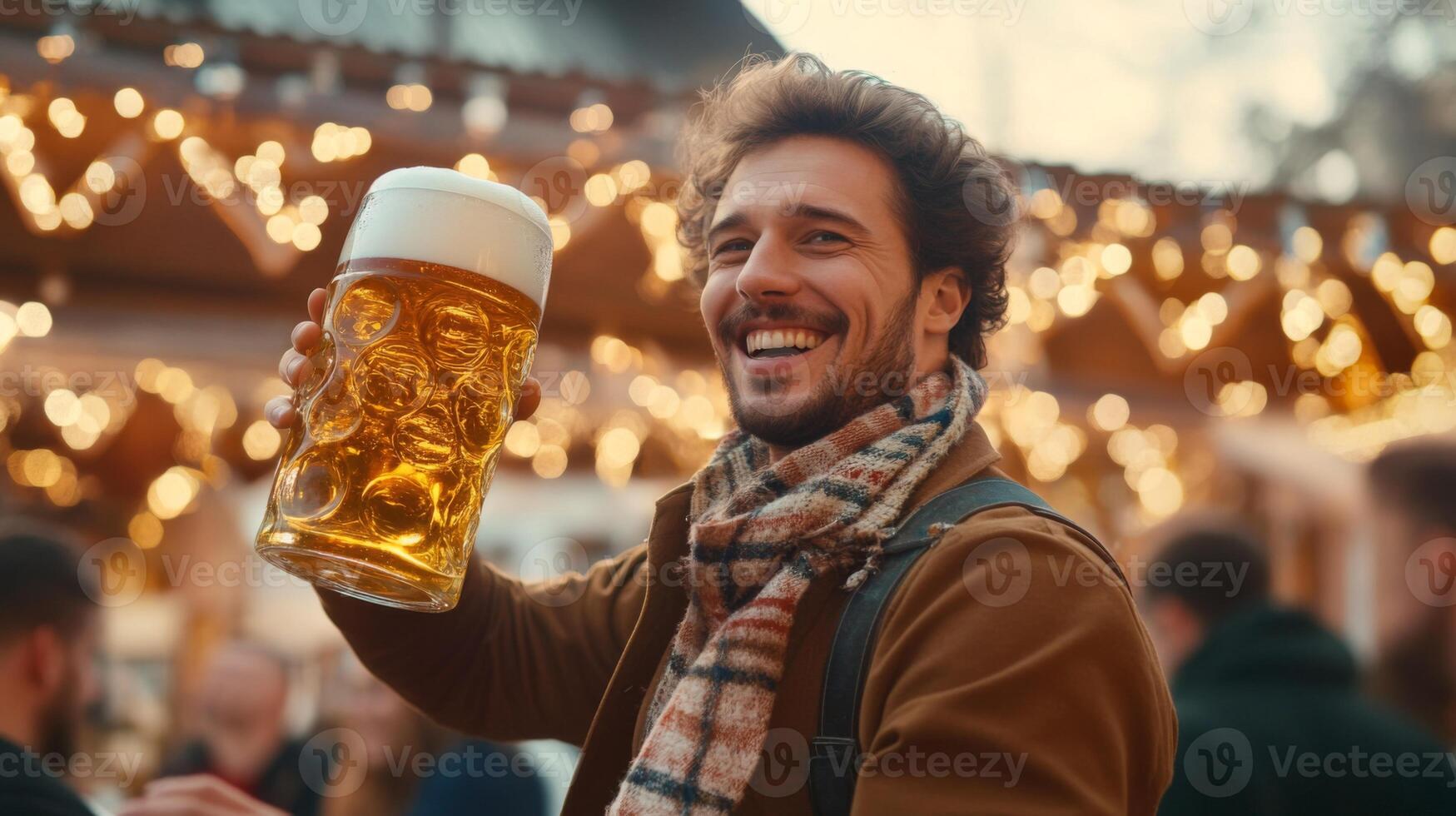Man Smiling and Holding a Large Glass of Beer photo