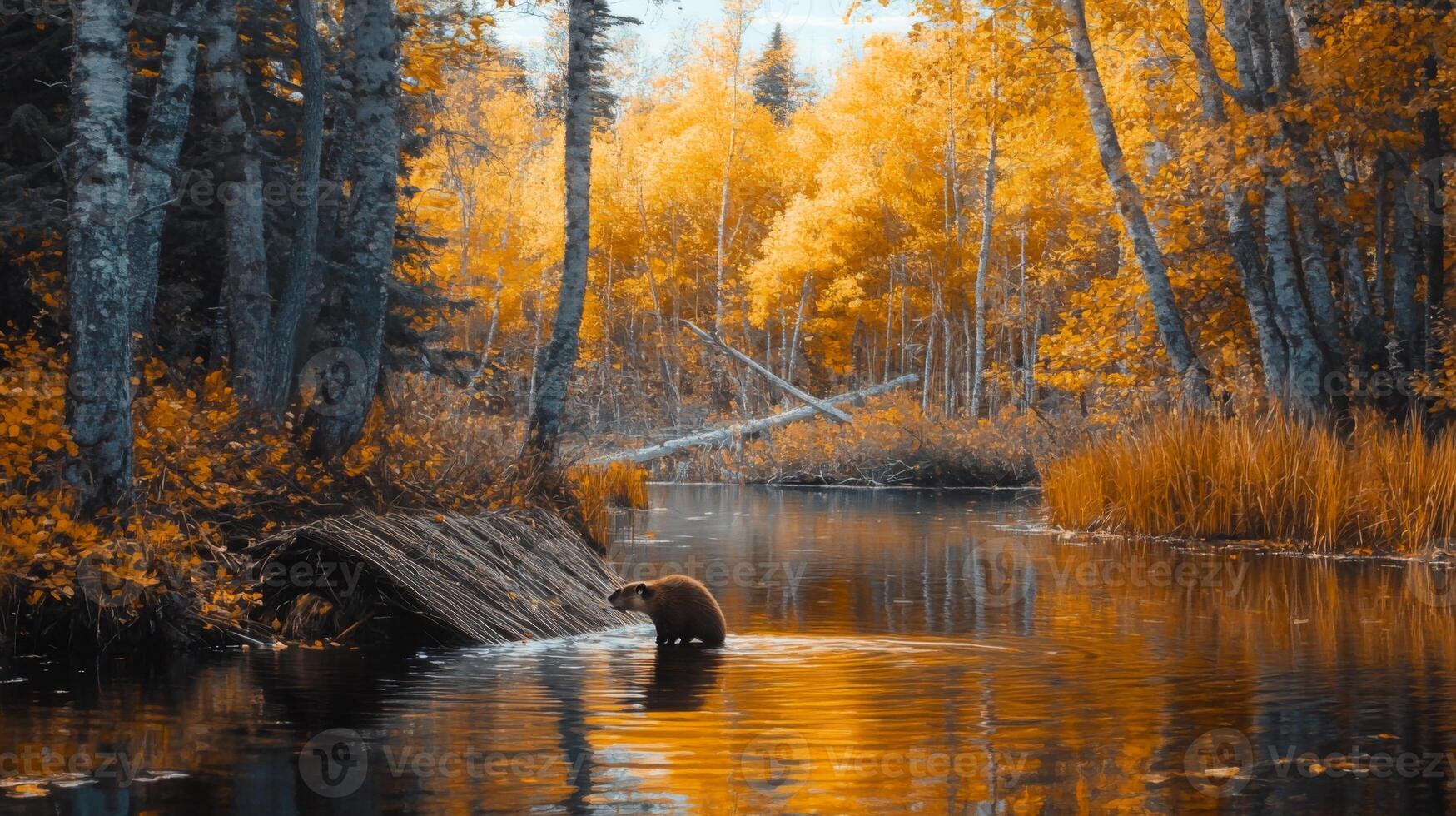 A bear is standing in the water in the middle of a forest photo