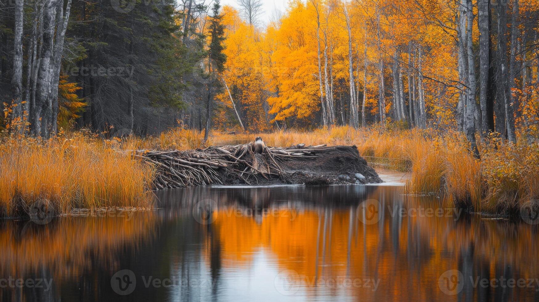 A river in the middle of a forest with trees and yellow grass photo
