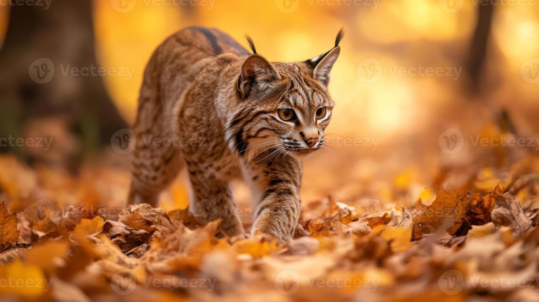 A lynx cat walking through the leaves in the woods photo