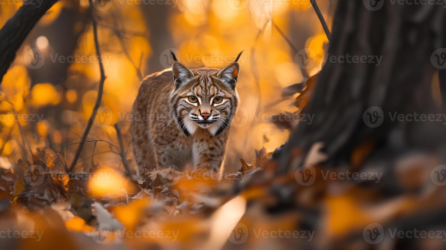 A lynx is walking through the woods in the fall photo