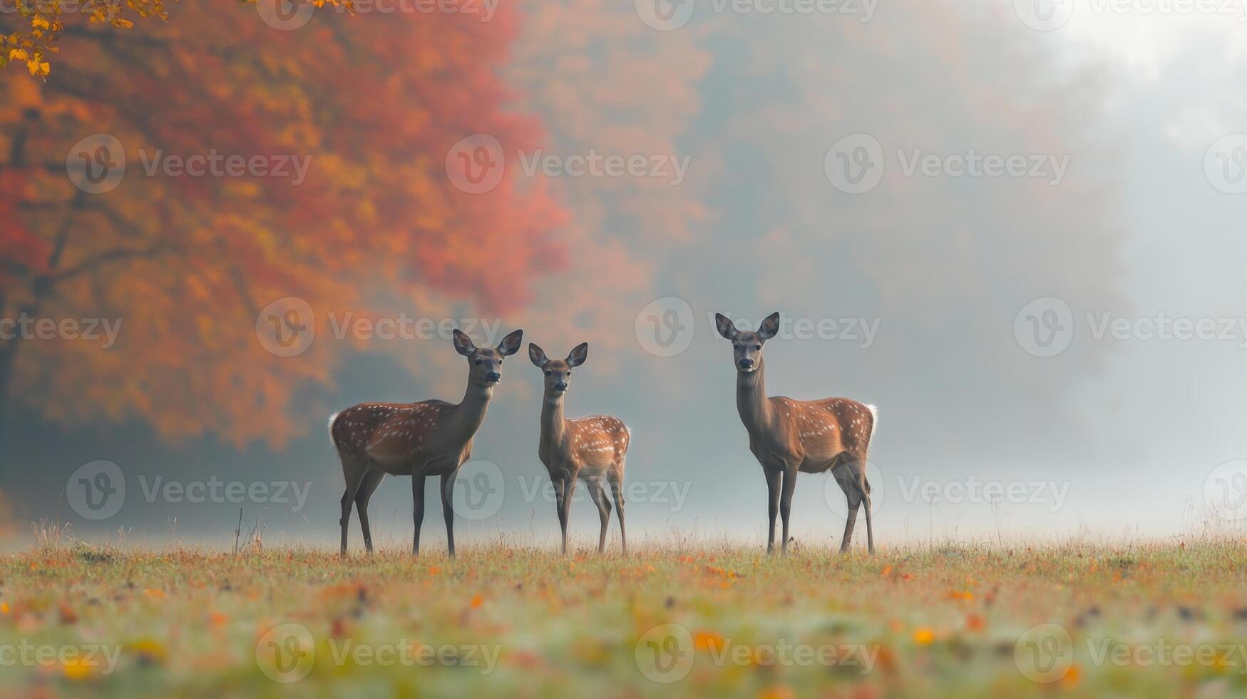 Three deer standing in the middle of a field photo