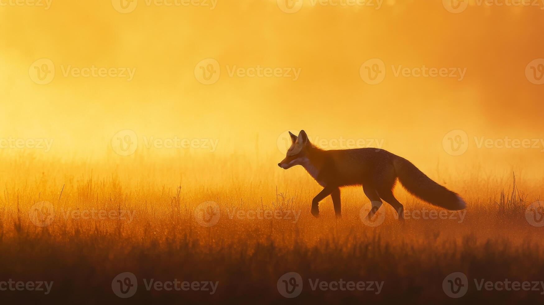 A fox is walking through a field at sunrise photo