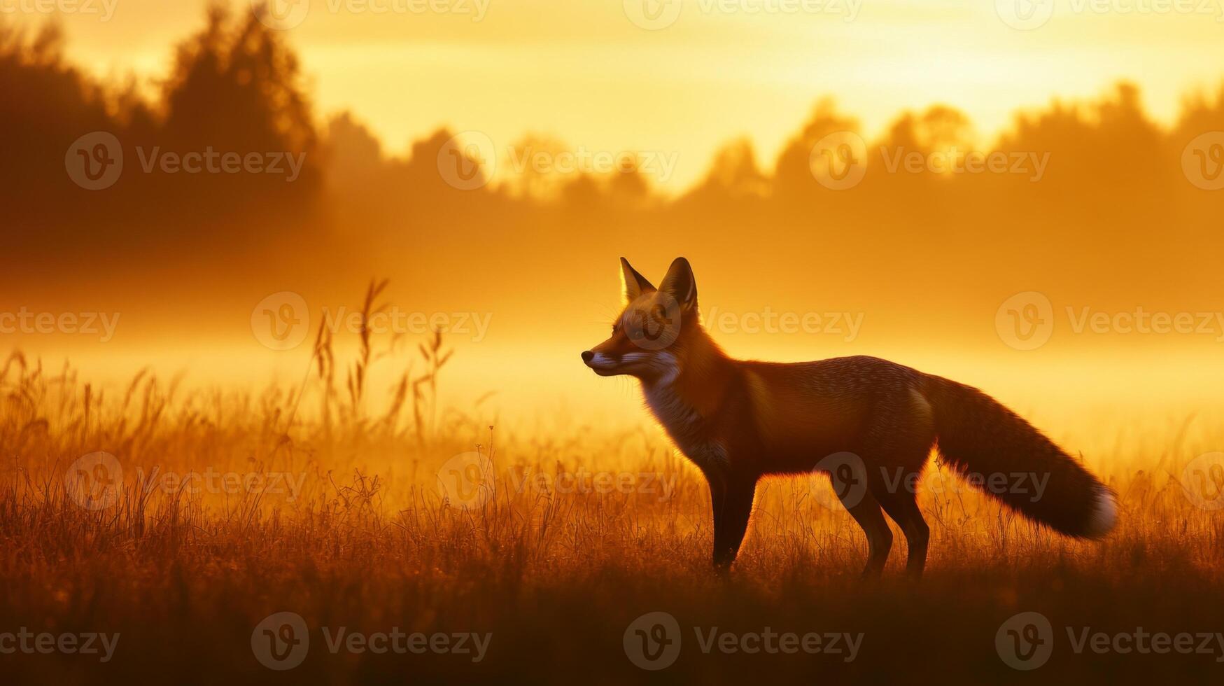 A fox stands in a field at sunrise photo